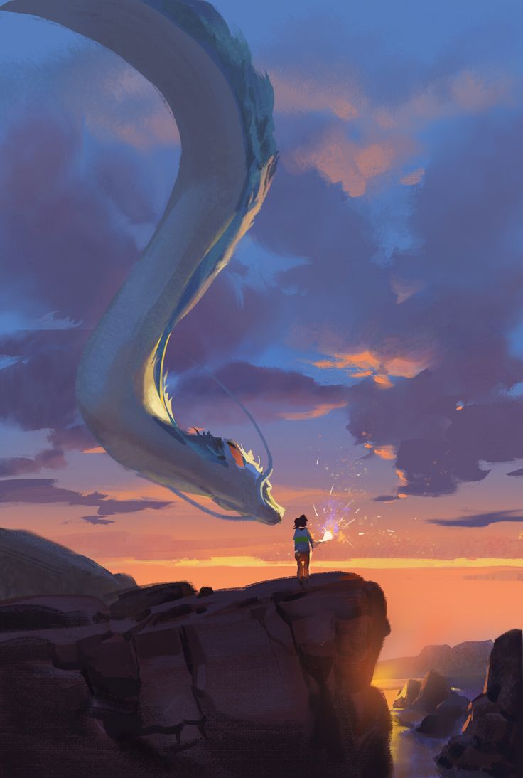 a man standing on top of a cliff next to a white dragon flying over him