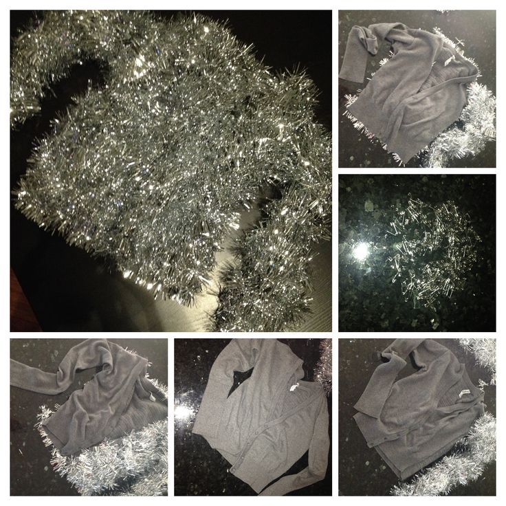 several pictures of silver tinsel covered trees