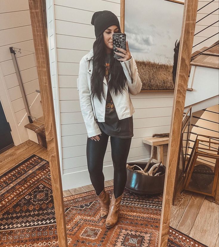 Black beanie, white leather jacket, grey boyfriend tes, black faux learher leggings, tan cowboy boots Black Beanie Outfit, White Leather Jacket Outfit, Cowboy Boots Outfit Fall, Cowboy Boots Outfit Winter, Shoes With Leggings, Tan Cowboy Boots, Chelsea Deboer, Cowboy Boot Outfits, Fall Boots Outfit