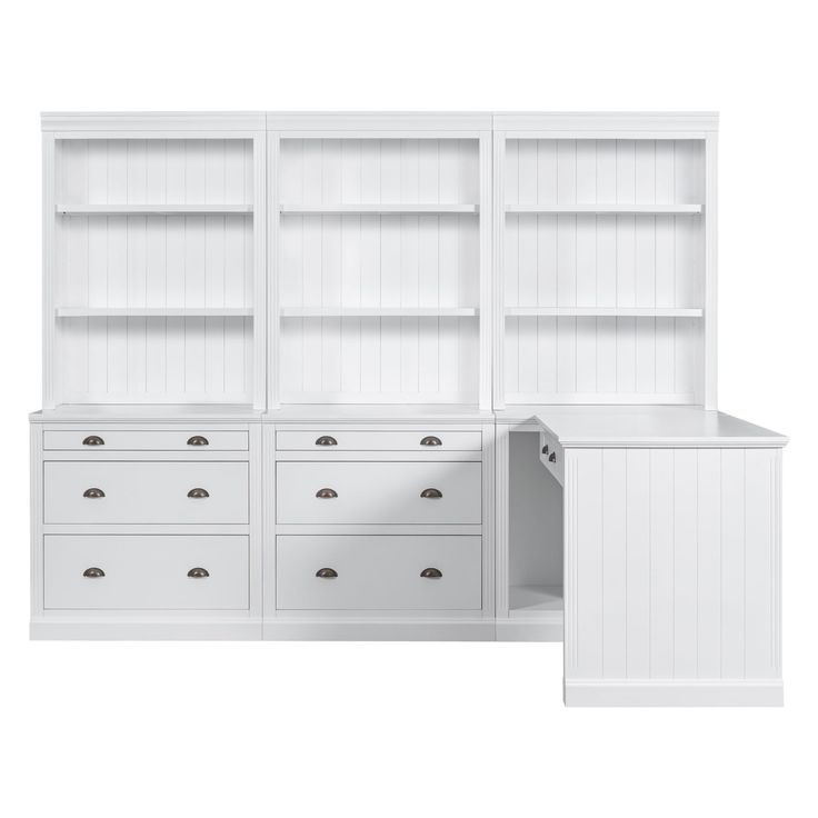 a white bookcase and dresser with drawers