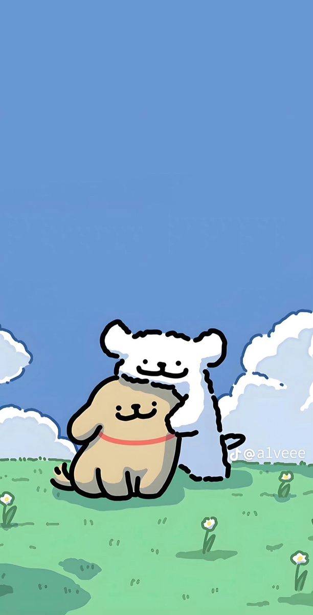 a cartoon bear sitting on top of a grass covered field under a blue cloudy sky