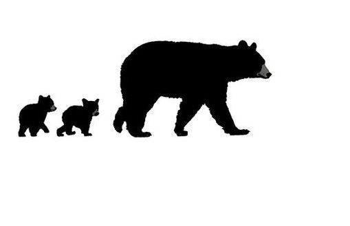 a bear and two cubs are silhouetted against a white background