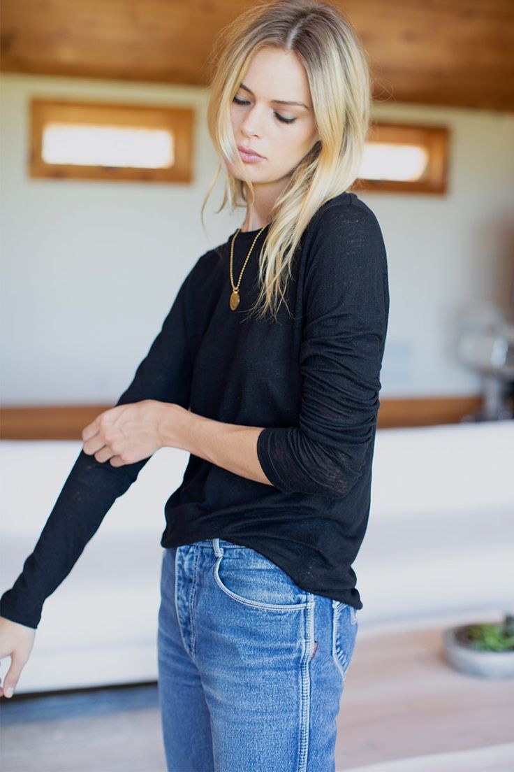 Emerson Crewneck - Black Linen - Emerson Fry Emerson Fry, Chic Fashion, Black Linen, Linen Top, Lay Flat, Chic Style, Seattle, Open Shoulder Tops, Long Sleeve Tees