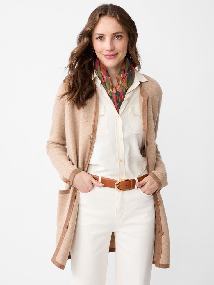 Made in the softest blend of cashmere and wool, our two-tone cardi-coat adds a pop of polish over every look— from jeans to trousers. | J.McLaughlin Women's Nan Cardigan Camel/Tan, Size Large | Cashmere/Wool Classic Neutral Cardigan For Layering, Elegant Brown Sweater Coat For Spring, Neutral Cashmere Long Sleeve Outerwear, Cashmere Outerwear For Daywear In Fall, Cashmere Outerwear For Fall Daywear, Brown Cashmere Sweater Coat For Fall, Chic Cashmere Sweater Coat For Fall, Chic Wool Outerwear For Layering, Neutral Long Sleeve Cashmere Outerwear