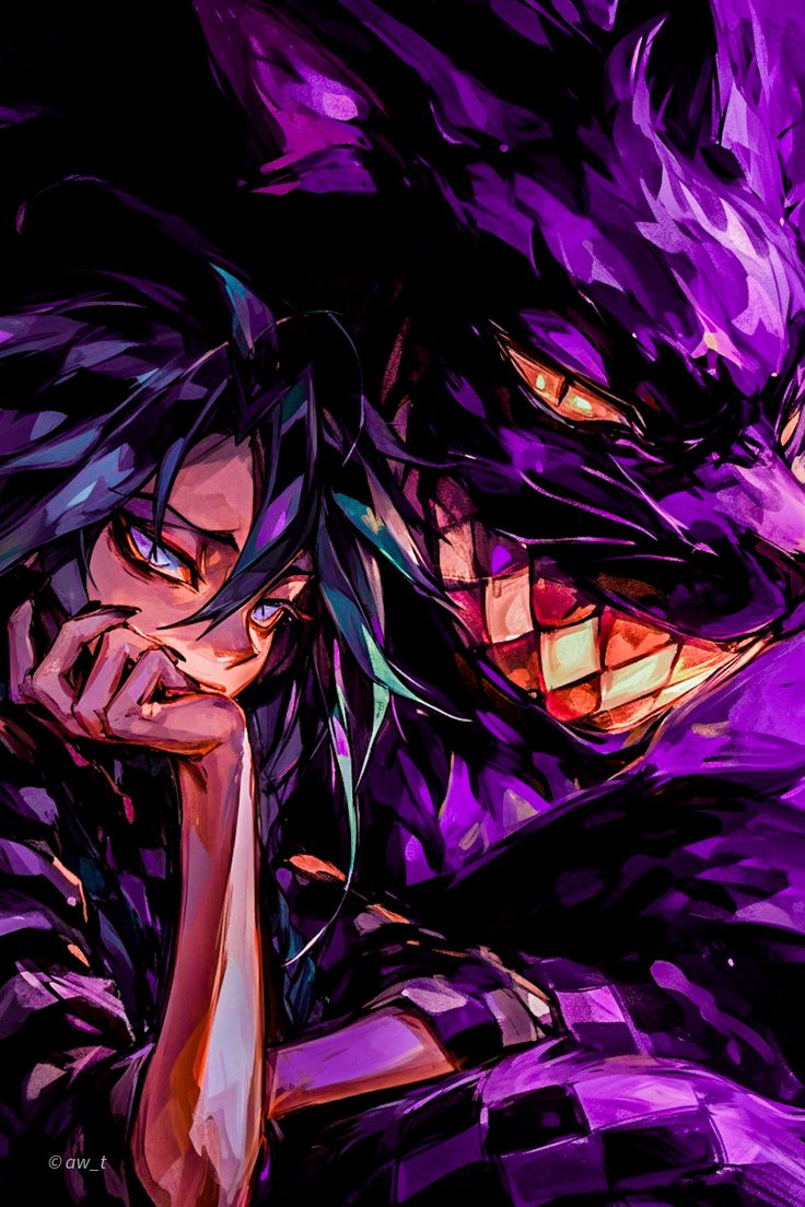 an anime character with long black hair and purple eyes, holding his hand to his face