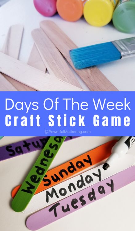 the words days of the week craft stick game are displayed next to crayons and markers