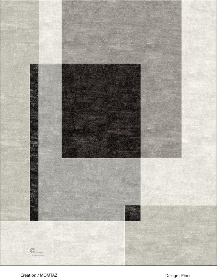 an abstract rug with squares and rectangles in grey, black and white colors