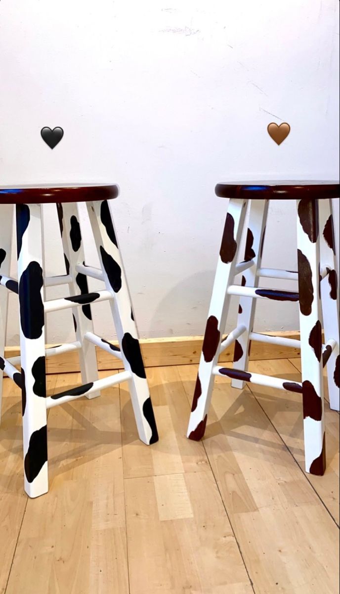 two stools made to look like they are painted with black and white polka dots