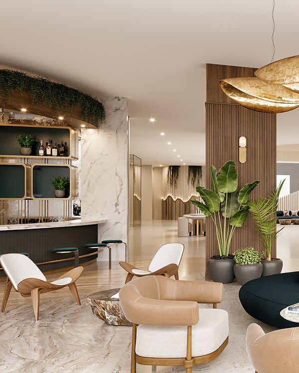 a living room filled with lots of furniture next to a tall wooden shelf covered in potted plants