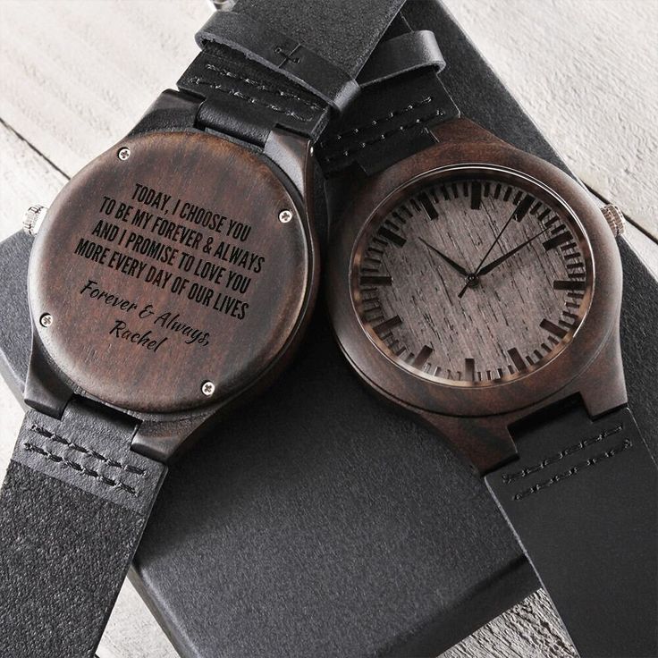 "Looking for a special and unique gift for your husband to be on your wedding day?  This custom engraved wooden watch is the perfect gift for the special day. It contains a heartfelt message and is personalized with your name on it.  Each watch is handcrafted from sandalwood, making the grains 100% unique in every watch we make. No two will ever be exactly the same. The 45mm watch is the perfect size for any man and it is encased with hardened mineral crystal, ensuring it will stand the test of Wooden Watch, Wrist Watches, Wood Watch, The Man, Father's Day, Birthday Gift, Genuine Leather, Wood