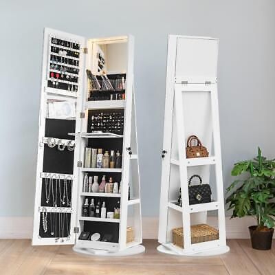 two tall white shelves with jewelry on them