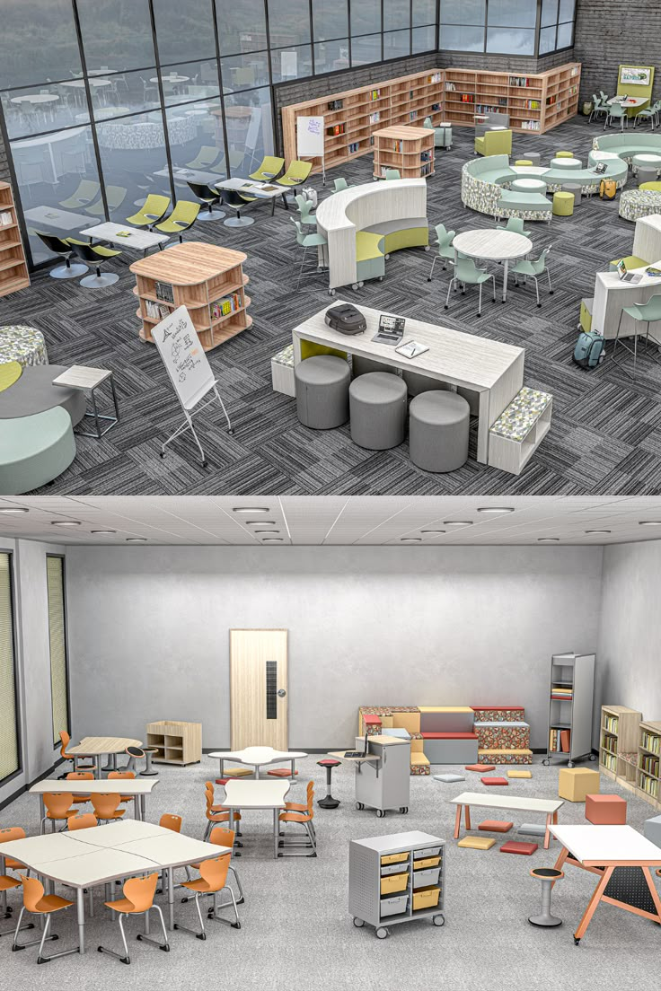 two views of an empty classroom with desks and bookshelves on the floor