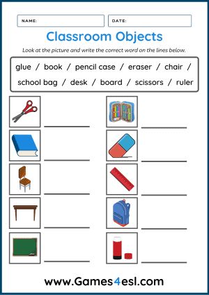 an image of classroom objects worksheet