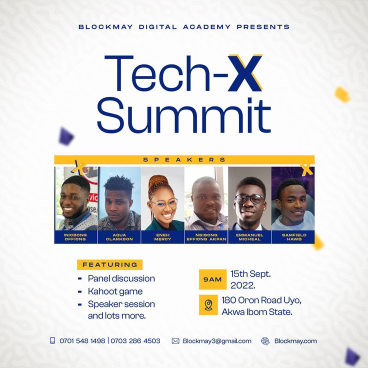 the tech - x summit flyer is shown with four men in blue, yellow and white