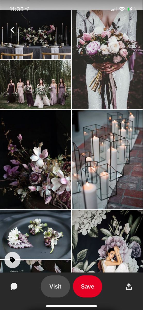 a collage of photos with flowers, candles and wedding dresses on them in different colors