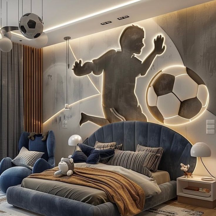 Football-themed boys' room with creative decor ideas. Features include football wall art, themed bedding, a goalpost headboard, a football rug and curtains, and football-themed storage solutions. Perfect for young sports enthusiasts! Football Room For Boys, Football Bedroom Ideas For Boys, Sports Theme Bedroom, Boys Football Bedroom, Sports Rooms, Football Bedroom Decor, Sports Room Boys, Football Rooms, Football Bedroom