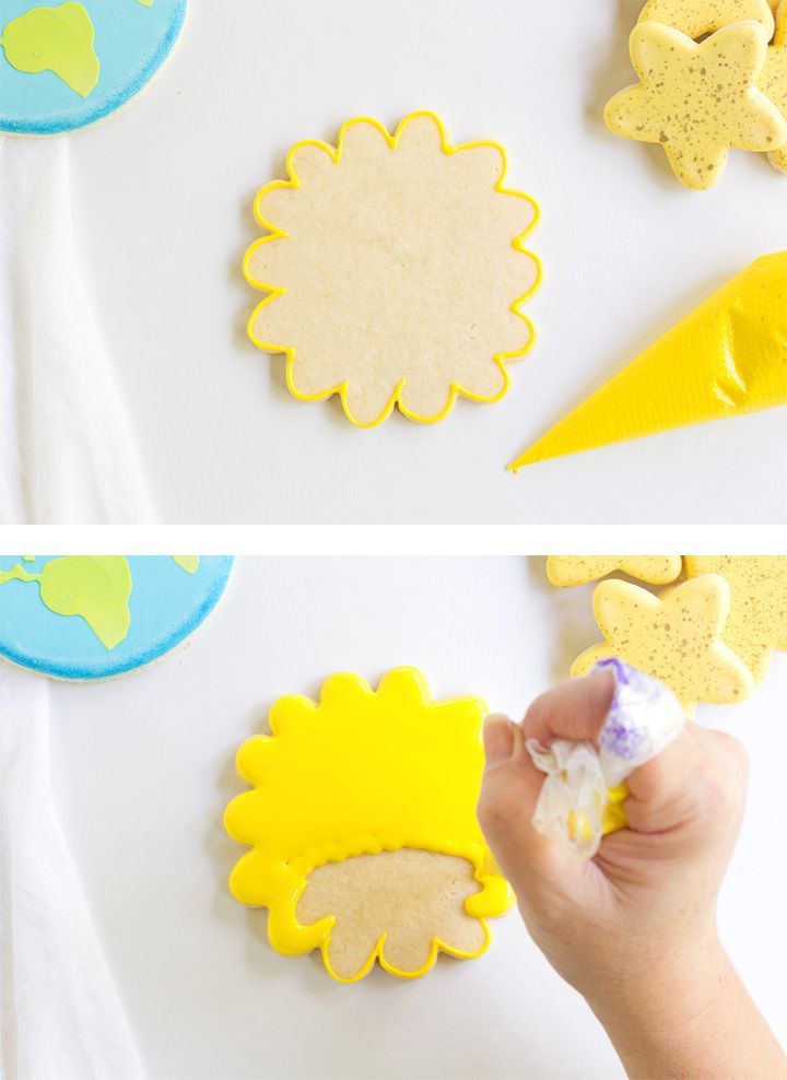 the process of making flower shaped cookies is shown in three different stages, including frosting and decorating