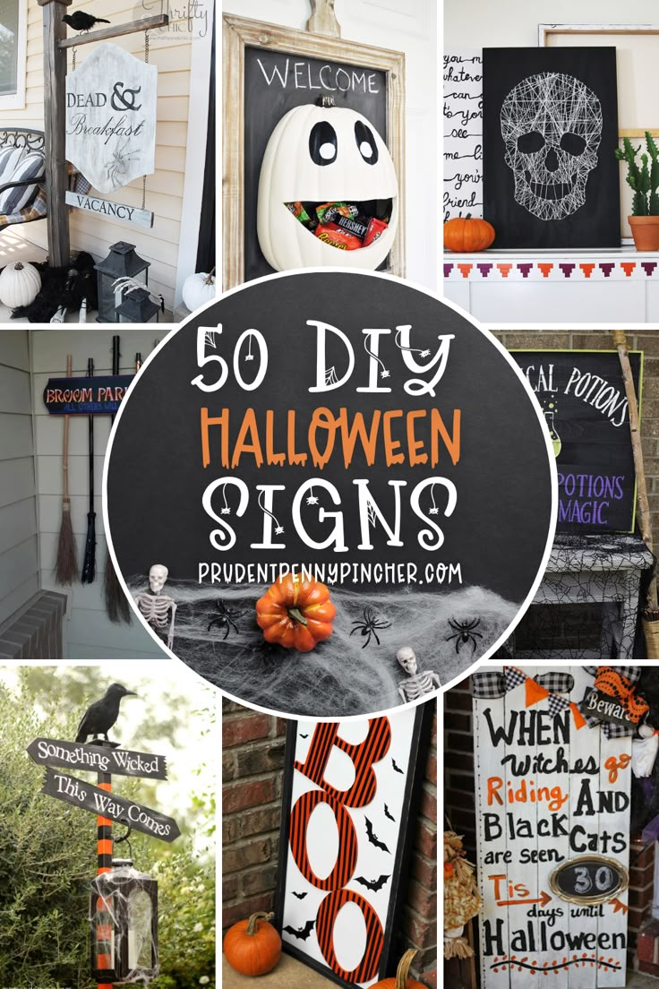 a collage of halloween signs and decorations