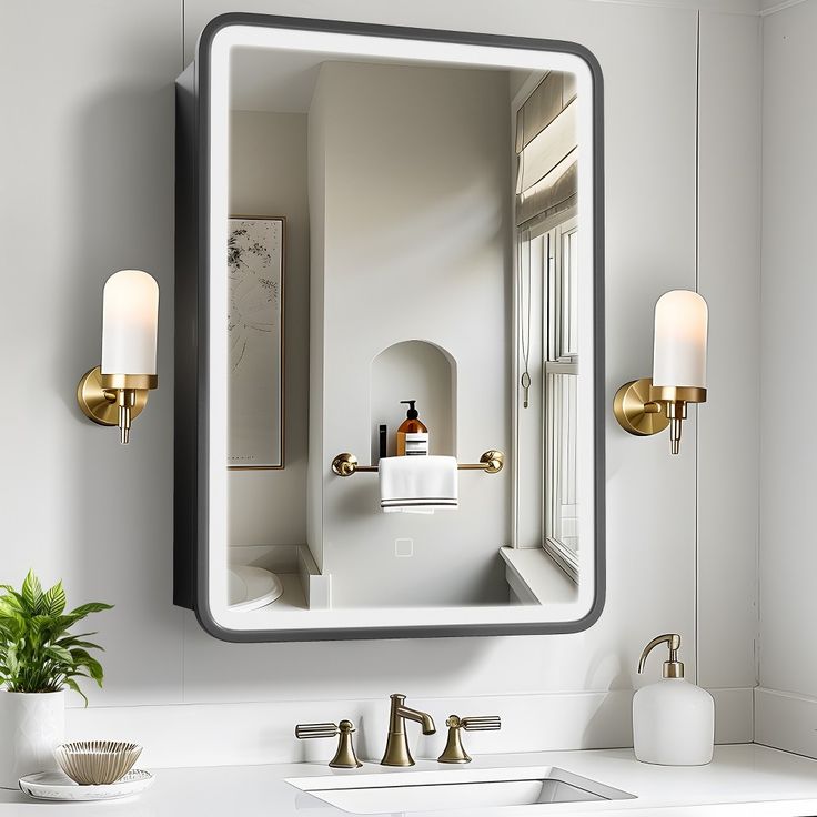 a bathroom sink with a mirror above it and a potted plant on the counter