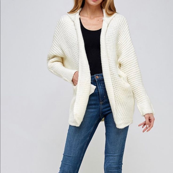 Cream Knit Cardigan With Hood Cozy Fit Cardigan For Cold Weather In Spring, Warm Casual Sweater For Spring, Warm Knit Casual Cardigan, Casual Knit Warm Cardigan, Casual Warm Knit Cardigan, Oversized Warm Sweater For Spring, Spring Oversized Warm Sweater, Cozy Warm White Cardigan, Winter White Knit Sweater Coat For Winter