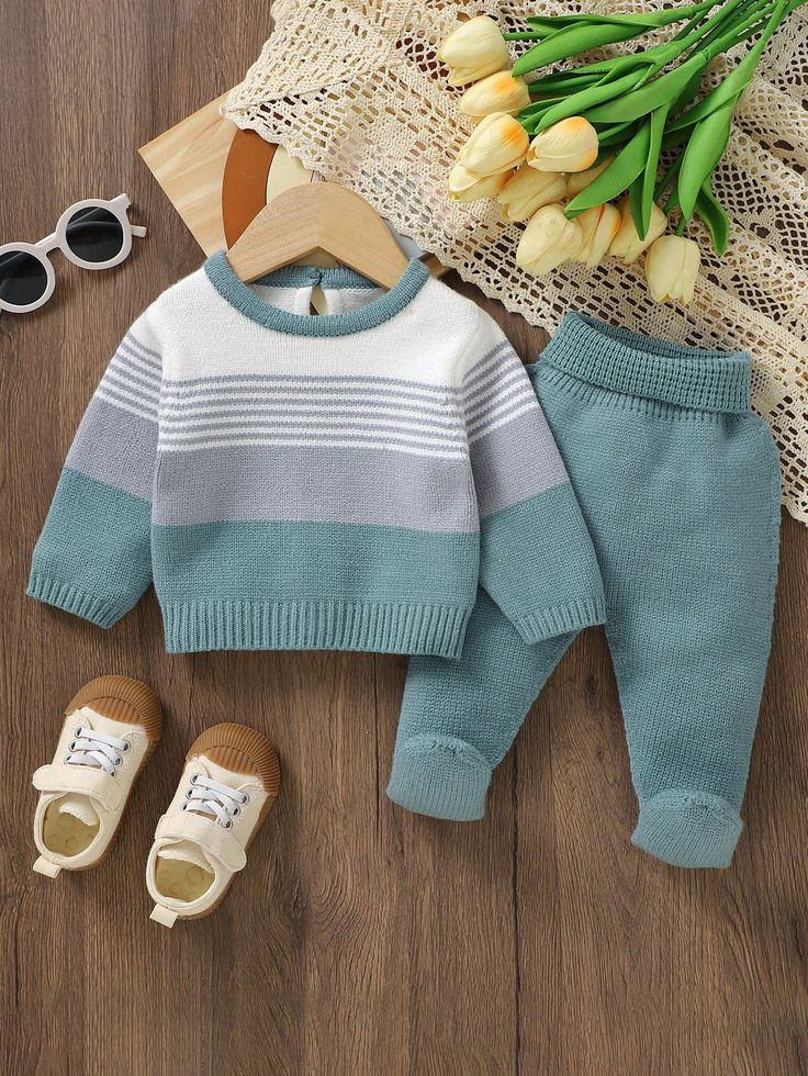 Baby Boy Colorblock Striped Sweater & Knit Pants Green     Striped Pants Medium Stretch  Baby Boys Clothing, size features are:Bust: ,Length: ,Sleeve Length: Baby Boy Knitting Patterns Free, Kids Sweater Pattern, Boys Knitting Patterns Free, Pants Embellished, Boys Knit Sweaters, Crochet Baby Sweaters, Kids Knitting Patterns, Baby Boy Sweater