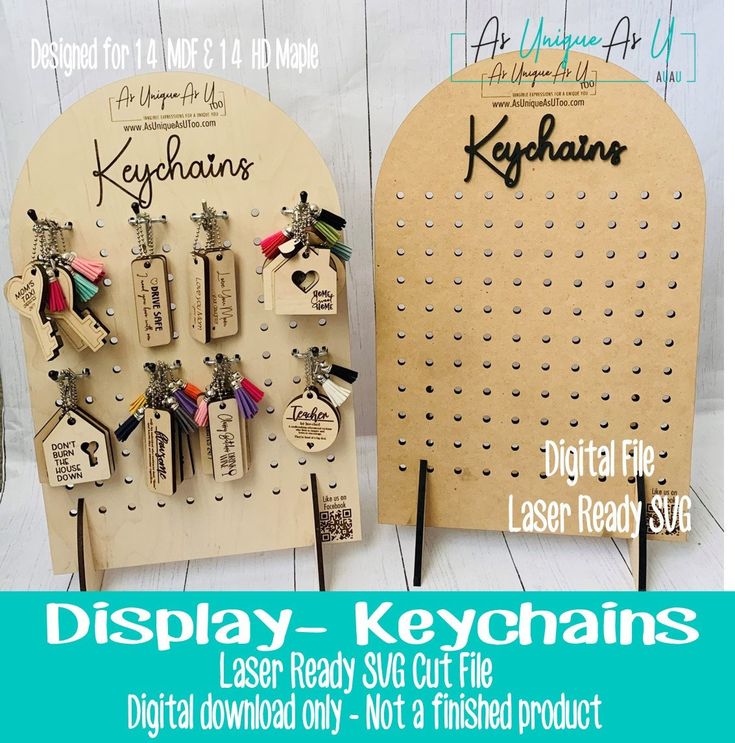 display - keychains with laser cut tags attached to them