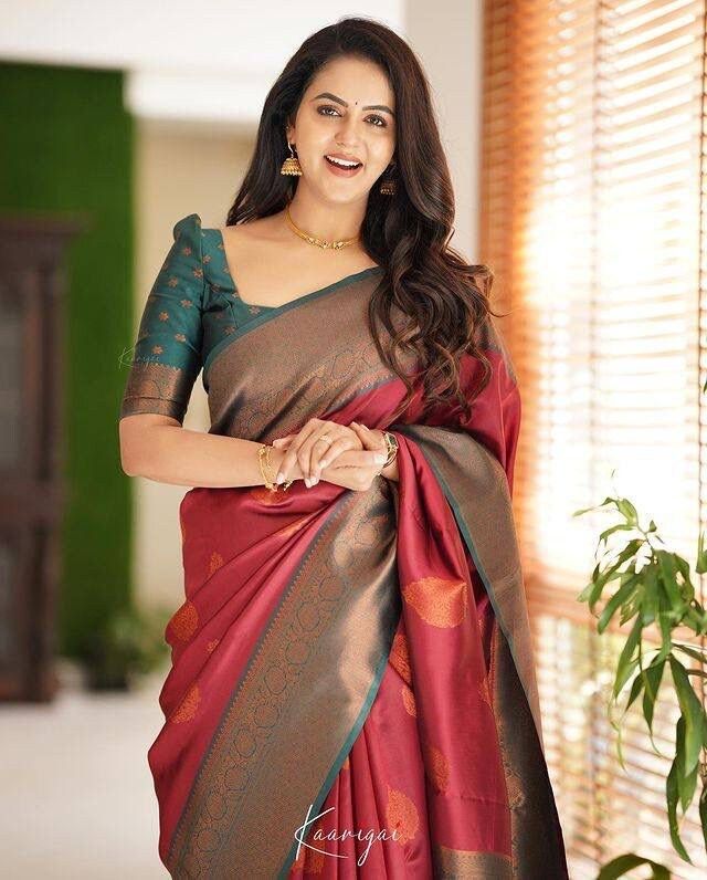 🍁 * NEW LAUNCHING * 🍁 Silk Saree from the  store is adorned with beautiful Zari work in form of traditional motifs. This beautiful saree is elegantly decorated with gorgeous Solid Jacquard weave that gives a perfect look to the outfit. Fabric Type: Banarasi Soft Silk Saree  Saree Length 5.5 Meter Blouse Length 0.8 Meter * PURE BANARASI COPEPR ZARI WEAVING * * STUNNING MAROON COLOUR SAREE WITH RAMA BORDER & HEAVY BROCADE BLOUSE * Weight: 600 GM Washing Instructions: Dry Clean Only Single available Ready to ship   100% ORIGINAL BEST QUALITY  This item is designed and manufactured by us, which ensures it is 100% original. Images can also look a little different on some devices, but our products will always look far better than images on a computer or mobile screen. Maroon Colour Saree, Maroon Colour, Cotton Saree Blouse Designs, Cotton Saree Blouse, Latest Blouse Designs Pattern, Brocade Blouse, New Saree Blouse Designs, Latest Model Blouse Designs, Fashionable Saree Blouse Designs