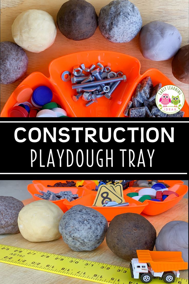 construction playdough tray with rocks and tools