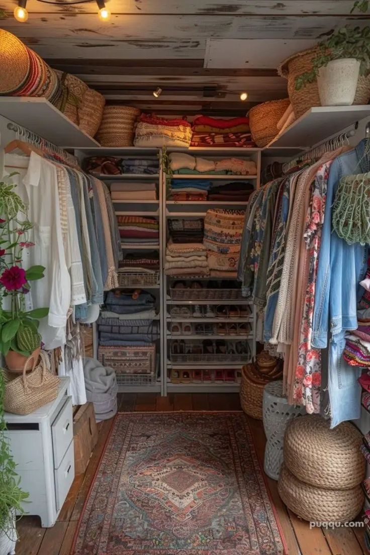 the closet is filled with lots of clothes and other items, including baskets on shelves