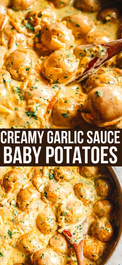 Yellow Golden Potatoes Recipes, Creamy Garlic Potatoes, White Garlic Sauce, Boiled Baby Potatoes, Baby Potato Recipes, Creamy Garlic Sauce, Garlic Potatoes, Potato Recipes Side Dishes, Potato Sides