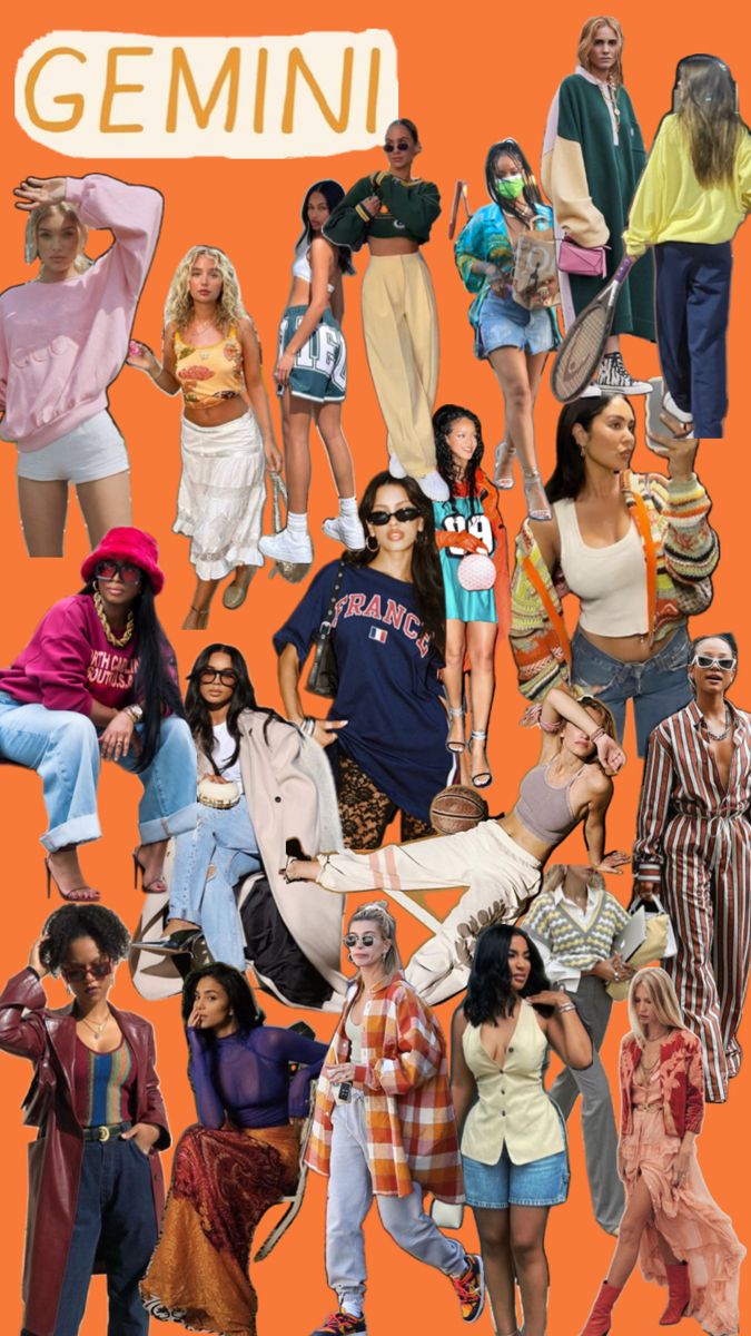 a collage of people in different outfits and words on an orange background with the word'gemin'written above them