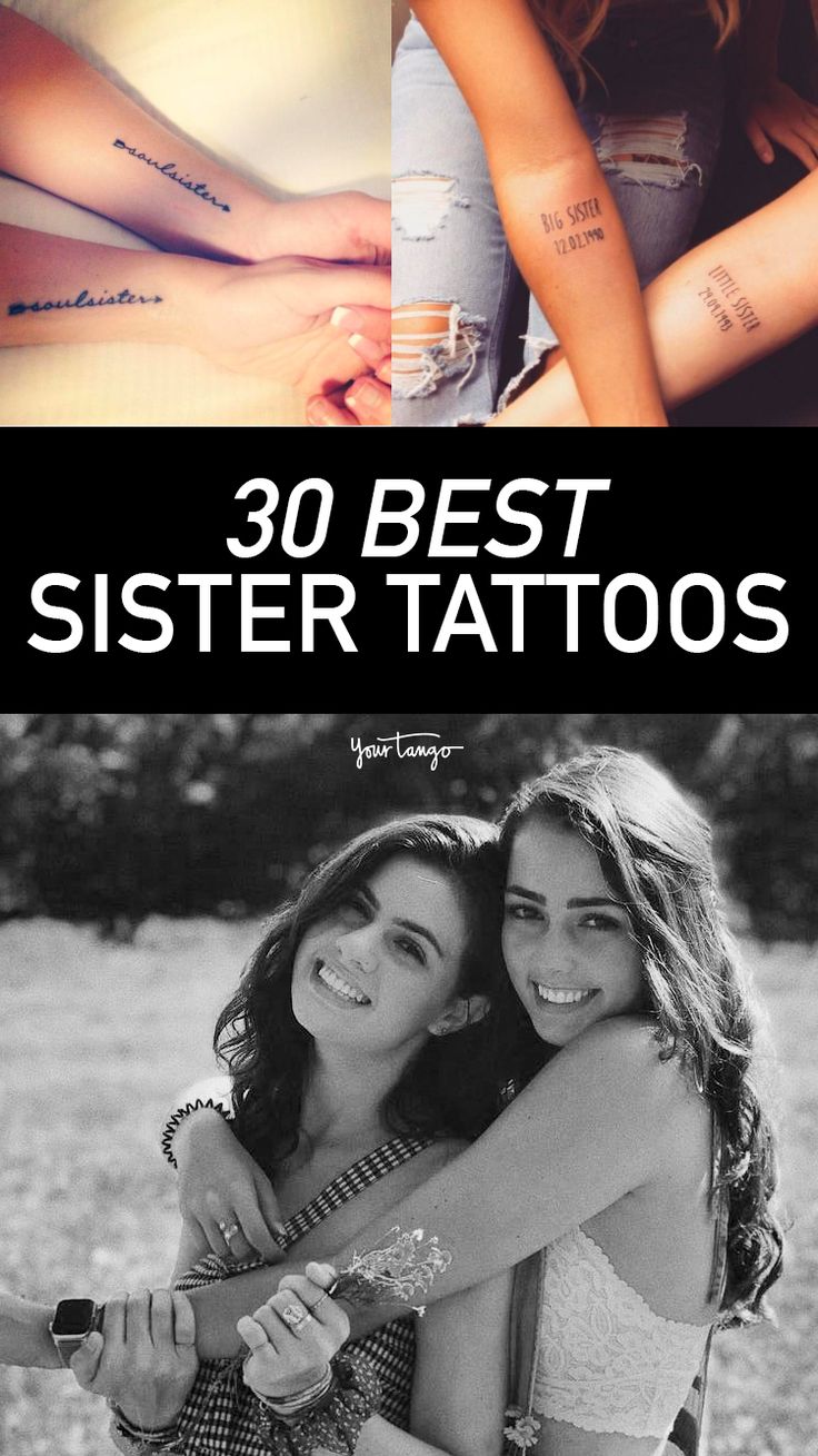 two girls hugging each other with tattoos on their arms and the words 30 best sister tattoos