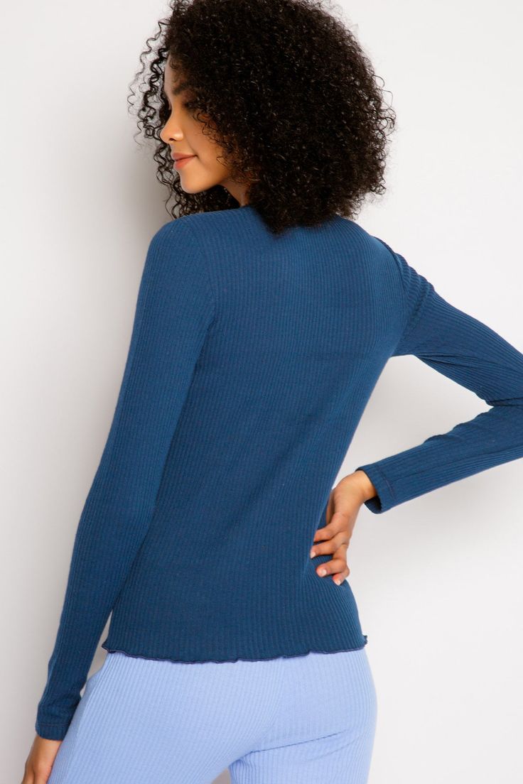 We're crazy for a fitted long sleeve rib top, made even better with (re)purpose. In soft rib knit our fave long sleeve saves 6.7 plastic bottles from our landfill - we love that. Navy Long Sleeve Tops With Ribbed Cuffs, Navy Long Sleeve Ribbed Top, Long Sleeve T-shirt With Ribbed Neckline And Relaxed Fit, Urban Long Sleeve T-shirt With Ribbed Cuffs, Navy Textured Knit Long Sleeve Tops, Rib Top, Navy Fabric, Plastic Bottles, Rib Knit