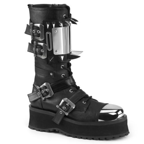 Find ideas�๏ฟฝand inspiration for Black Steampunk Biker Gang Mad Max Punk Metal Toe Cap Spikes Mens Combat Boots, Mens boots Stile Punk Rock, Goth Platform Boots, Goth Platforms, Platform Shoes Boots, Alternative Shoes, Demonia Shoes, Festival Shoes, Vegan Leather Boots, Punk Boots