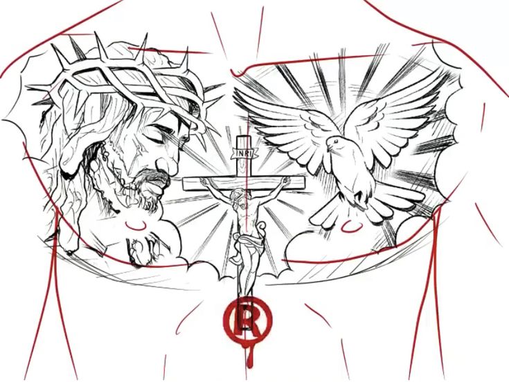 a drawing of jesus holding the cross with two doves on it and an arrow pointing at him