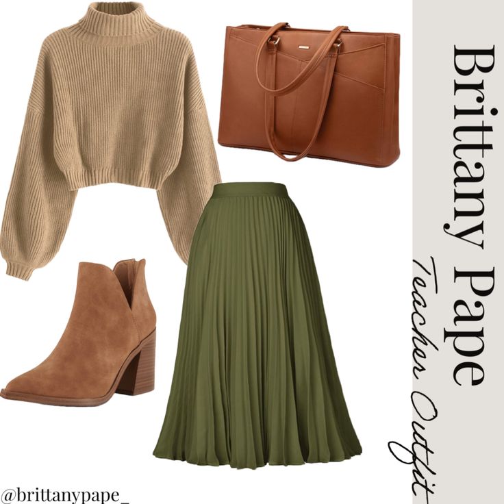 Brown Purse Outfit Fall, Fall Skirts With Sweaters, Olive Winter Outfit, Green Army Skirt Outfit, Olive Skirt Outfit Fall, Green Maxi Skirt Outfit Fall, Olive Skirt Outfit Winter, Olive Green Long Skirt Outfits, Olive Green Pleated Skirt Outfits