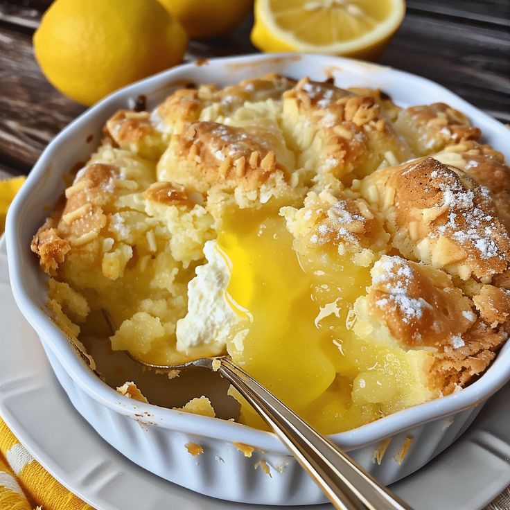 a close up of a pie on a plate with lemons in the back ground