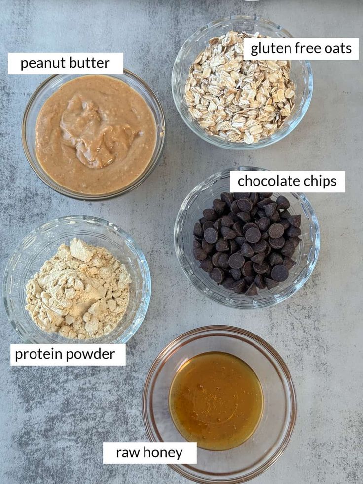 the ingredients to make peanut butter oatmeal cookies are shown in separate bowls