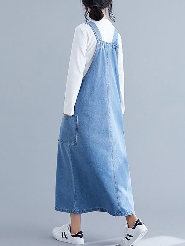 Denim Blue Front-pocket Long Dress - rrdeye Overall Dress Outfit Fall, Denim Overall Dress Outfit, Overall Dress Outfit, Dress Outfit Fall, Loose Denim Dress, Denim Dress Outfit, Fall Dress Outfit, Denim Overall Dress, Color Light Blue