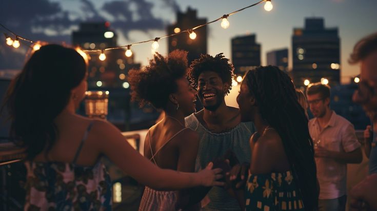 group of young people having fun on the rooftop at night with city lights in background