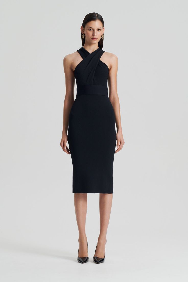 Command attention in our Crepe Knit Wrap Neck Gown. Crafted from our signature crepe knit fabrication, this statement piece exudes elegance with its form fitting silhouette and exposed back. Scanlan Theodore, Knit Wrap, Neck Wrap, Formal Attire, Crepe Dress, Timeless Beauty, Neck Dress, Ready To Wear, Black Dress