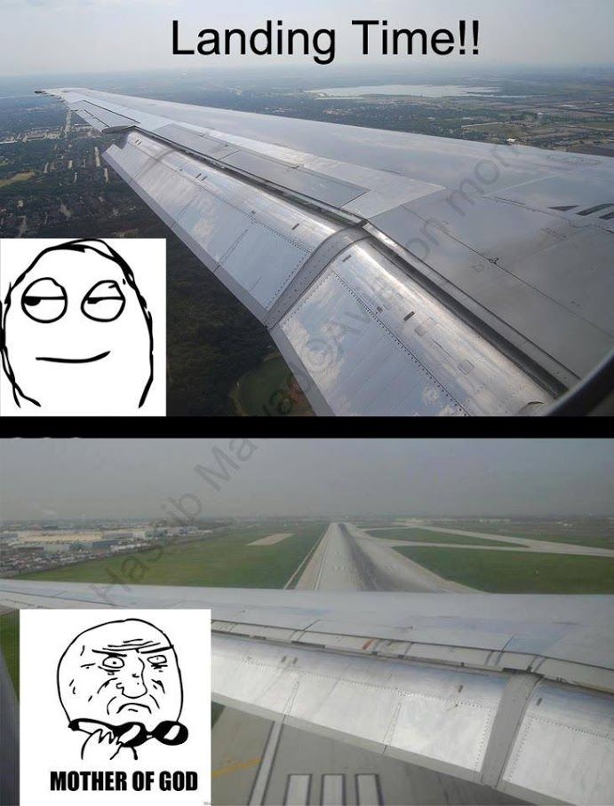 an airplane wing with the caption landing time and another plane flying in the sky