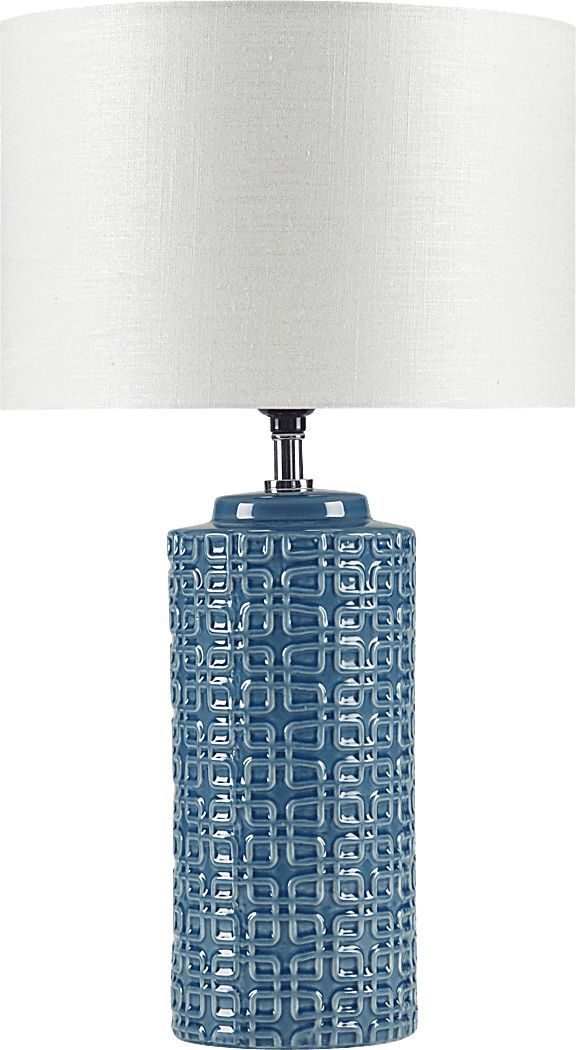 a blue table lamp with a white shade