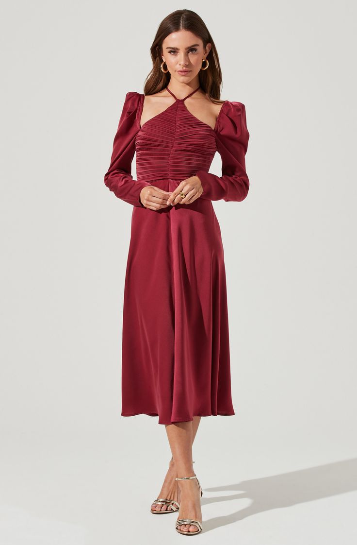 Red Solid Long Sleeve Dress - This retro dress is just what you need to add a bit of color to your wardrobe. It flaunts a refined V-neck. Satin Midi Dress With Fitted Bodice For Date Night, Fall Evening Dresses With Smocked Back, Satin Midi-length Dress With Tie Back, Satin Midi Dress With Tie Back And Fitted Bodice, Satin Tie Back Halter Dress For Cocktail, Satin Midi Dress With Ruched Back For Evening, Ruched Back Midi Dress For Prom, Prom Midi Dress With Ruched Back, Satin Midi Halter Dress For Night Out