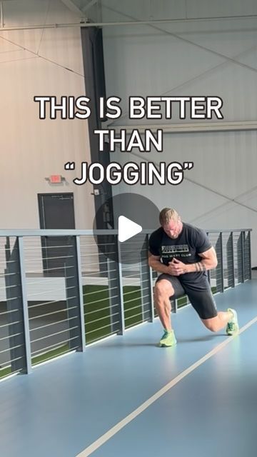 a man squatting on a blue floor with the words, this is better than jogging