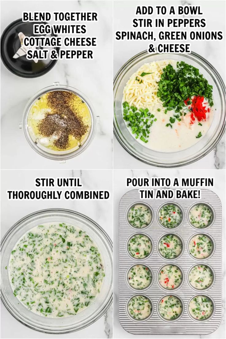 the steps to make spinach muffins are shown