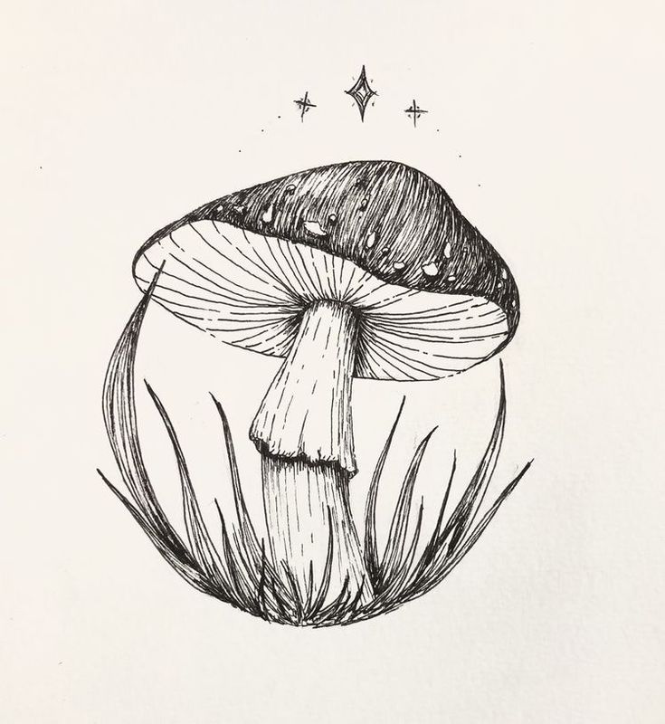 a black and white drawing of a mushroom with stars in the sky above it's head