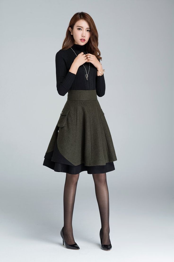 Women's short skirt for winter, designer skirt 1627# – XiaoLizi Rock Dress, Skirt Patchwork, Green Wool Coat, Wool Midi Skirt, Midi Skirt With Pockets, Skirt Wool, Lady Like, Tailored Clothes, Peplum Tops