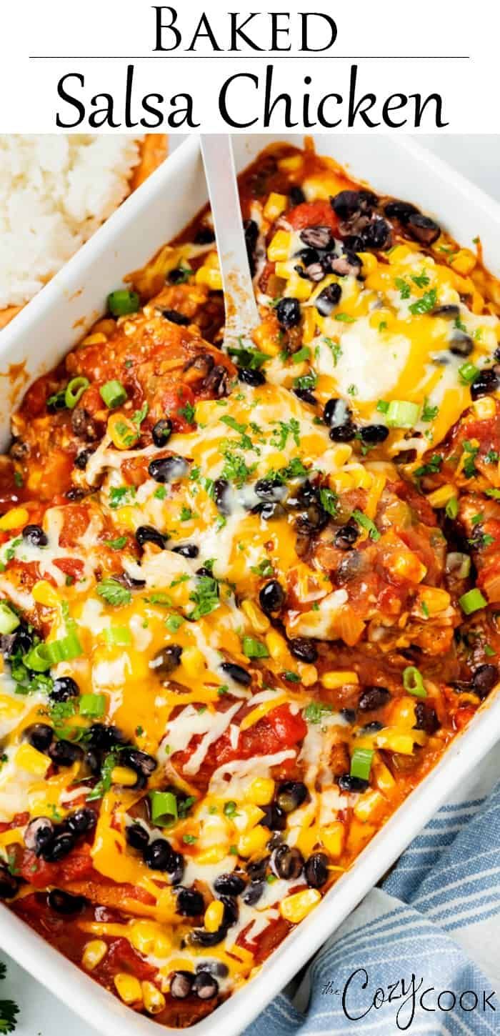 baked salsa chicken in a white casserole dish