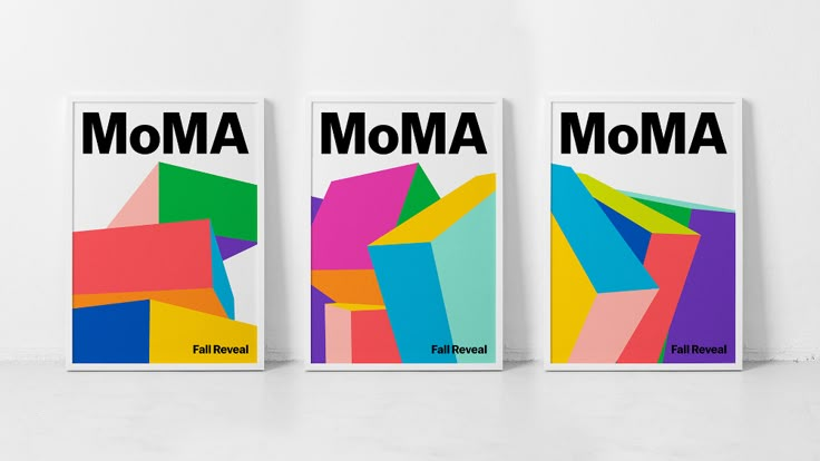 three posters with different colors and shapes on the same wall, one is for moma